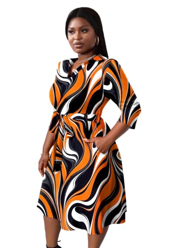 Image of FANDEE Plus Size Midi Dress for Women - Printing Summer Dresses for Wedding Guest Cocktail Party 3 /4 Sleeve V Neck(L-5XL)