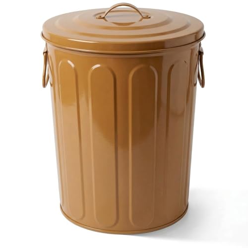 Plexon 5 Gallon Small Metal Trash Can with Lid Outdoor Galvanized Steel Bucket with Lid 5 Gal Storage Can for Dog Food Bird Seed Storage Container, Brown