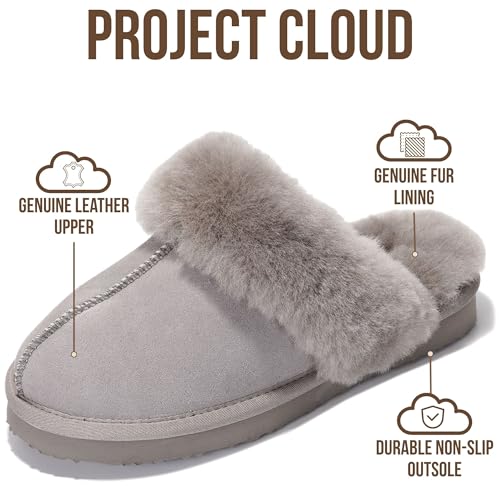 Image of Project Cloud Genuine Leather Slippers for Women with Genuine Fur Lining, Non-Slip Indoor /Outdoor Clog Mule Slippers, Memory Foam Insole