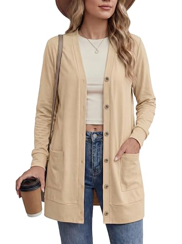 GRECERELLE Cardigan léger à manches longues boutonné et col en V pour femme – Cardigan décontracté pour printemps et été avec poches – Cache-maillot de plage, abricot, L