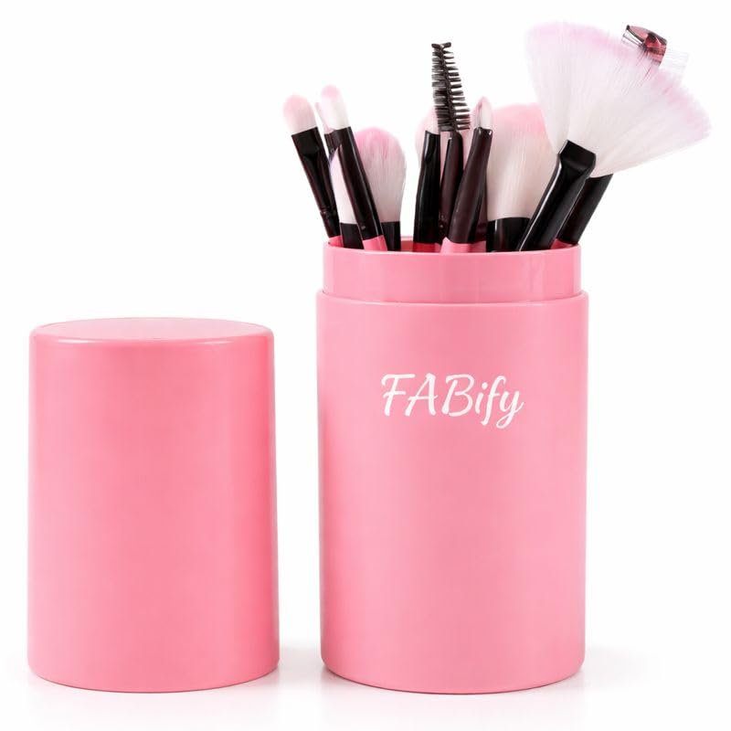 FABify 12-Piece Professional Makeup Brush Set with Storage Barrel (Pink) | Soft Synthetic Brushes for Face & Eyes | Cosmetic Tools for Blending, Contouring, Foundation & Eye Makeup