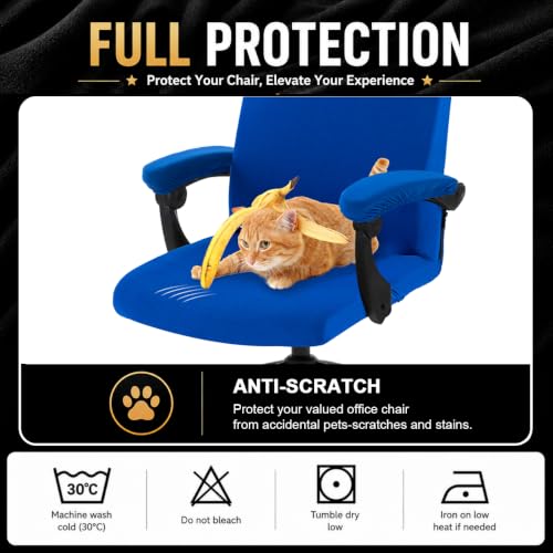 Image of Stretch Computer Office Chair Cover with Armrest Covers Durable Zipper Universal Washable Removable Spandex Rotating Boss Chair Slipcovers Anti-dust Soft Desk Chair Seat Protector, Royal Blue
