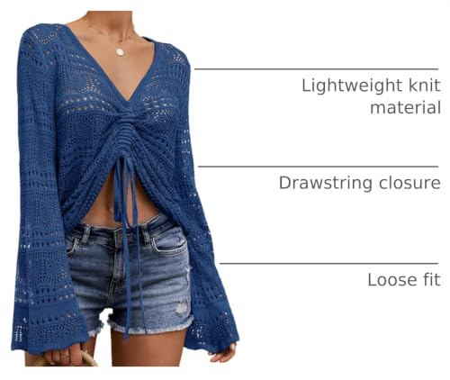 Image of Saodimallsu Womens Boho Off Shoulder Sheer Crop Tops Bell Sleeve Flowy Oversized Crochet Ruched Pullover Sweaters