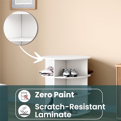Image of 360 Rotating Multipurpose Storage Cabinet - Laminated Engineered Wood Organizer Rack | Space-Saving Rotating Shelf for Bedroom, Living Room, Dressing Area & Bathroom (White, 3-Tier)