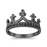 Blue Apple Co. Accent Half Eternity King Queen Crown Ring Round Simulated Jet Black Cubic Zirconia Black Tone 925 Sterling Silver, Size - 7