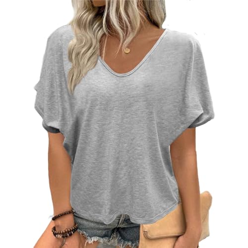 Dyhxuan T-shirt d'été à manches courtes pour femme - Décontracté - Col en V - Manches chauve-souris - Grandes tailles - S-5XL, gris, 5XL
