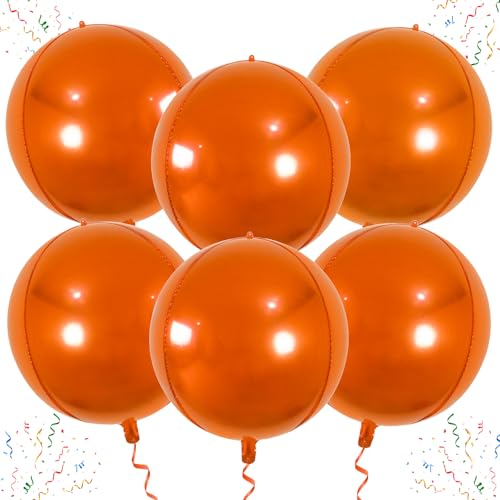 Image of Laacky's Round 4D Orange Mylar Balloons - 22 Inch, 6 Pack | Metallic Halloween Balloons for Orange Decorations