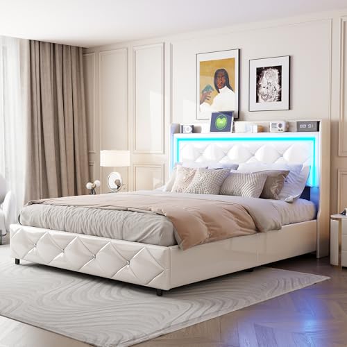 MOTUZP Cama Doble LED de 160 x 200 cm con Espacio de Almacenamiento y somier, Cama Funcional Juvenil con Respaldo (Poliuretano Blanco+Tienda+LED, 160 x 200 cm)