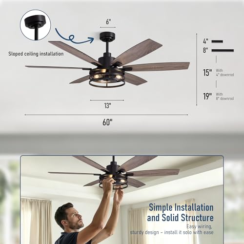 Image of Farmhouse 60 Inch Ceiling Fan with Remote and App Control, Quiet 6-Speed Reversible DC Motor, Black Cage Design for Bedroom, Living Room, Covered Patio