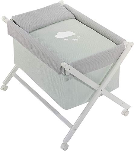 danielstore - Mini culla pieghevole + fodera (copriletto-cuscino e protezione) + materasso + bavaglino in regalo (nuvola verde)