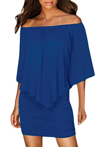 Sidefeel Women Off Shoulder Ruffles Party Mini Dress Large Blue