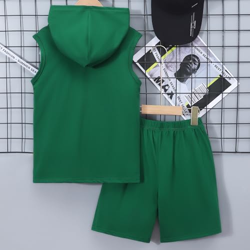 Image of Kids Boys Summer 2PCS Outfits Sleeveless Hooded Loose Casual Top Shirt and Elastic High Waist Sports Short Pant Set