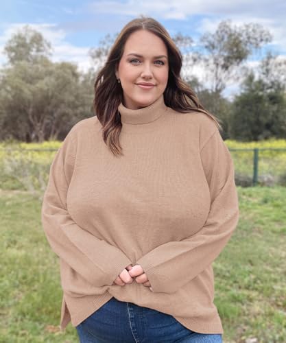 Image of CARCOS Plus Size Sweaters for Women Solid Turtleneck Sweater Long Sleeve Pullover Tops Casual Split Hem Knit Shirts
