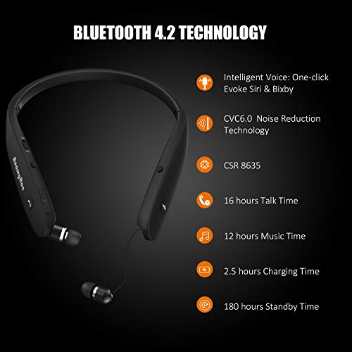 Image of RoomyRoc Bluetooth Headphones, RoomyRoc Wireless Neckband Headset Evoking Siri & Bixby with Retractable Earbuds, Sports Sweat-Proof Noise Cancelling Foldable Stereo Earphones with Mic (Black)