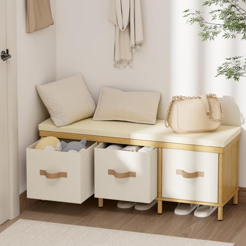 Atoping Storage Bench 43.3 Bamboo Storage Chest with 3 Drawers Entryway Bench with Cushioned Seat End of Bed Bench with Storage Toy Box Toy Chest Storage Bench for Entryway Living Room Bedroom
