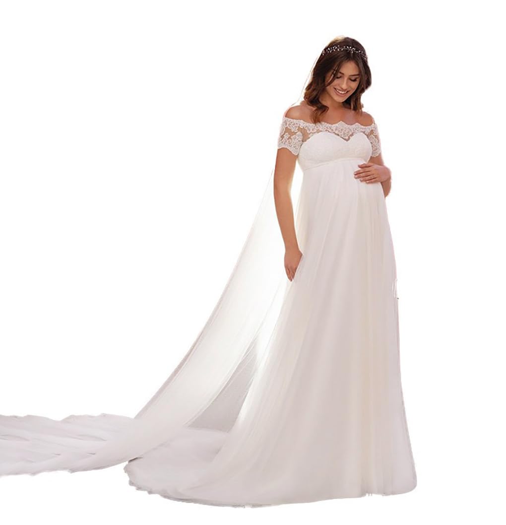 A-Linie Umstandsbrautkleid Chiffon Lang Brautkleider Hochzeitskleider mit Spitze Babyparty Fotoshooting Kleid
