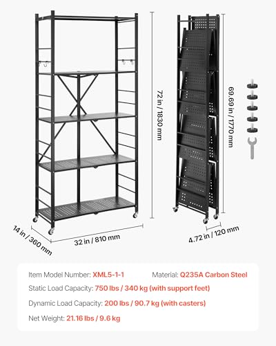 Image of VEVOR 5-Tier Foldable Storage Shelf, 32W x 14D x 72H Inch Folding Metal Rack Shelving Unit, Heavy Duty No Assembly Organizer Shelf with 5 Wheels & 4 Hooks for Pantry, Kitchen, Garage, Basement, Black