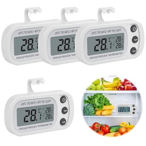 Fridge Thermometer Digital, Afenau 4Pcs Fridge Freezer Thermometer with Hook, LCD Display, Min/Max °C/°F Function, Refrigerator Thermome-ter for Kitchen, Home