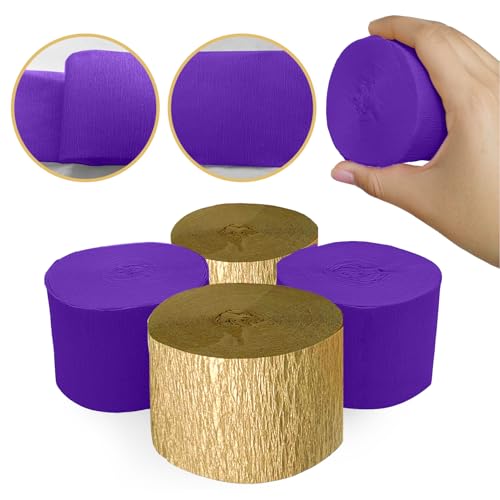 Image of 4 Crepe Paper Streamers Rolls, 328ft Pack of Purple and Gold Crepe Paper for Wedding Graduation Birthday Party Decorations (1.8 inch x 82 ft /Roll)