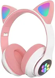 Fone de Ouvido Bluetooth Gatinho com LED Colorido, Headset Bluetooth Orelhas de Gato com Luz LED, Fones de Ouvido Wireless Cartão de Memória, Cabo P2, Bateria de 400mAh (Rosa) (Azul)