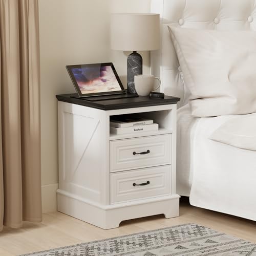 Image of Eongdon Nightstand with Charging Station, 18 inch W x 24 inch H Farmhouse Rustic Bedside End Table, 2 Storage Drawers & Open Compartment, Wooden Side Cabinet for Bedroom, Entryway, Living Room (White)