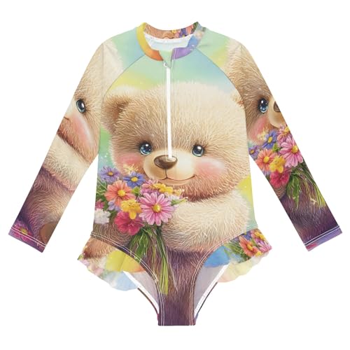 Rainbow Bear Girls Long Sleeve Swimsuit Rash Guard One Piece Bathing Suits Zipper 3-12T