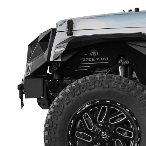 Image of Hooke Road JK Mad Max Front Bumper Grill for 2007-2018 Jeep Wrangler JK & Unlimited 2 /4 Doors, Rock Crawler Offroad Bumper with Winch Plate, LED Lights
