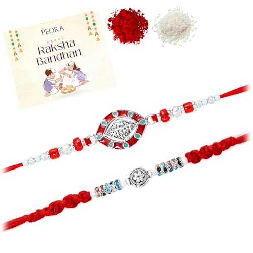 Image of Peora Rakhshabandhan Thread Rakhi for Brother Bhaiya | Kundan Beads & Crystal Studded | Combo Set of 2 | Rakhi Hamper Roli Chawal & Greeting Card
