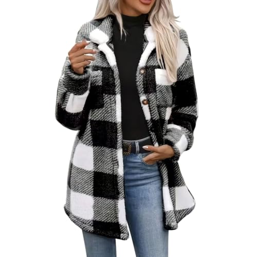 YMADREIG Fleece Jacket Women Fuzzy Plaid Shacket Button Down Sherpa Coat - image 1