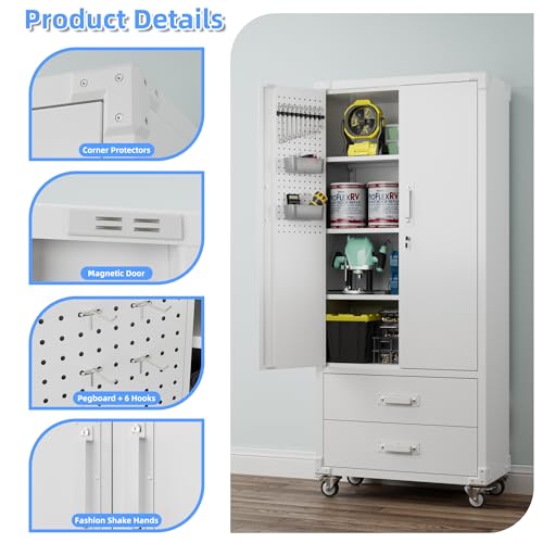 Image of Metal Garage Storage Cabinet with Wheels, 2 Drawers and Pegboard, White