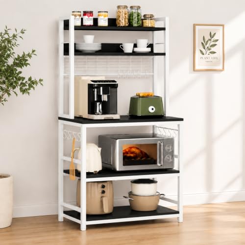 Image of 5-Tier Kitchen Organizer Rack-Multipurpose Microwave Stand for Kitchen Platform & OTG Oven-Steel Utensils Storage Shelf with Hooks - Engineered Wood & Metal Rack for Home- 80x40x170 cm -White /Black