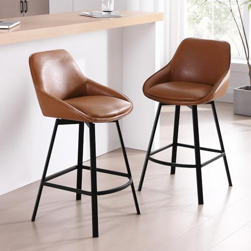 Zesthouse Swivel Counter Height Stools Set of 2, Modern Upholstered Barstools with Backs, 26'' Faux Leather High Chairs for Island Kitchen, Counter Height Chairs with Metal Legs, Brownish-Orange