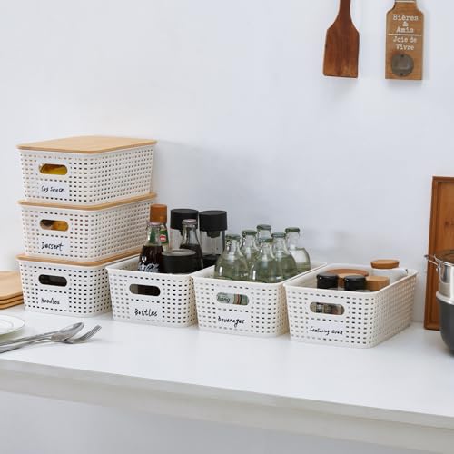 Mangata Set of 6 White Stackable Storage Baskets with Bamboo Lid, Small Decorative Plastic Boxes with Handle & Lable for Organizing, Ideal for Kitchen, Bathroom, Desktop & Shelves - Cosy Home Interiors Mangata Set of 6 White Stackable Storage Baskets with Bamboo Lid, Small Decorative Plastic Boxes with Handle & Lable for Organizing, Ideal for Kitchen, Bathroom, Desktop & Shelves - Image 7