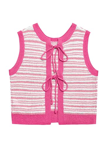 Image of Yousify Womens Tie Front Tops Tie Back Sweaters Vest Crochet Cardigan Crop Top Cardigan Crop Shirts Rose Pink L