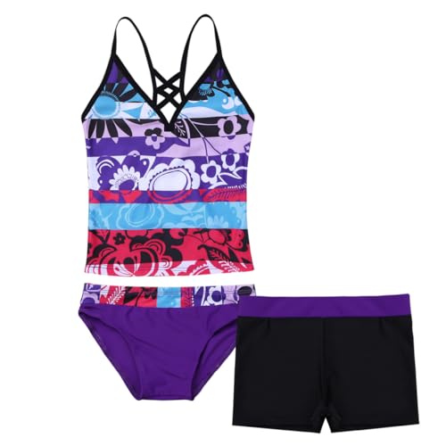 Kids Girls 3 Piece Swimwear Sleeveless Floral Printed Tops with Bottoms Shorts Set Bathing Suit Beachwear