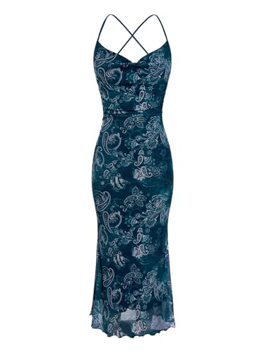 Image of SOLY HUX Women's Floral Mesh Bodycon Cami Dress Cowl Neck Sleeveless Cocktail Party Wedding Guest Long Maxi Dresses