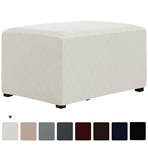 CHUN YI Stretch Rhombus Jacquard Universal Ottoman Cover,Easy Fitted Oversized Storage Ottoman Covers Slipcover,High Elasticity Furniture Protector (Cream White)