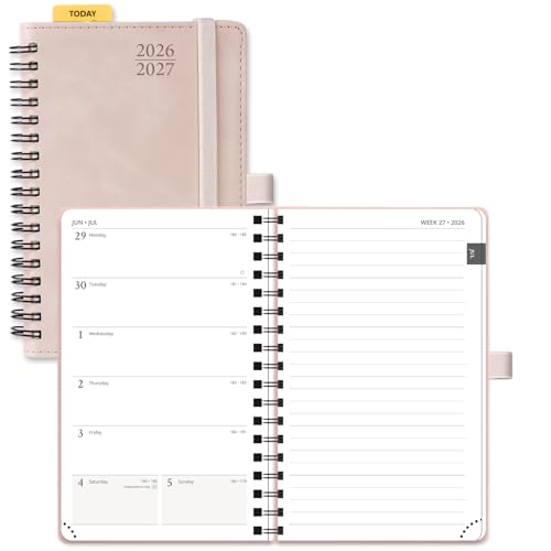 POPRUN Pocket Planner 2026-2027 (JUL 26-JUN 27) Purse Size 4 x 6.25 Small Pocket Calendar for Purse Academic Weekly and Monthly Calendar with Ruler Spiral Softcover 100GSM - Pink