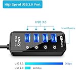 Atolla USB moyeu 3.0 Propulsé, USB Fendeur 4 Super vitesse du port USB 3.0 Prolongation + 1 Port de recharge, avec interrupteur indépendant et 5V / 3A AC Adaptateur