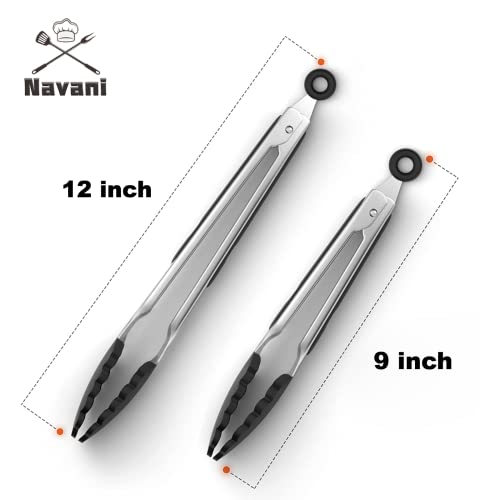 Navani Kitchen Tongs for Cooking | 9 & 12inch Tongs Kitchen Silicone tip | Silicone Non Stick Tongs for air Fryer | Salad Tongs Pasta Tongs, Black 2pcs - Image 3
