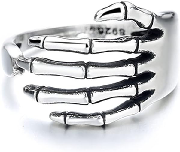 WINBST Unisex Stainless Steel Rings, Halloween Retro Punk Rocker Skelton Skull Hand Wrap Opening Ring