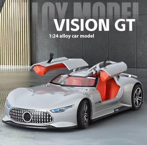 Image of 1 /24 Merceedees Vision GT Future Model Car - Exclusive Alloy Metal Pullback Toy with Openable Doors, Lights, and Music for Kids (1:24 Merceedes Vision - Silver)