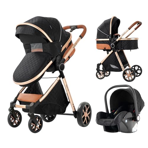 3-in-1 Kombikinderwagen, Schwarz und Roségold, Kinderwagen Set mit Babyschale und Sportwagen