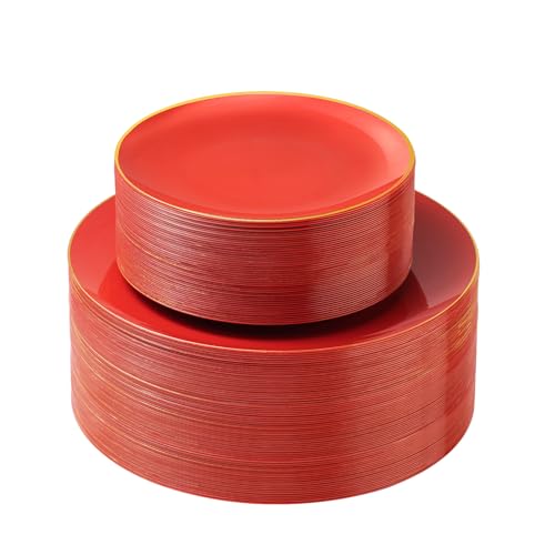 Bestluck 100Pcs Red Plastic Dinner & Dessert Plates