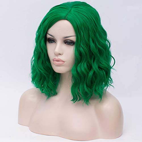 Image of BERON Green Wigs for Womens Short Curly Wavy Hair Wig Girls Dark GreenSide Part Wigs Heat Resistant Synthetic Party Cosplay or Daily Wig