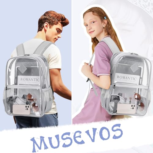 Image of MUSEVOS Clear Backpack, Heavy Duty See Through Daypack for Travel, Work, Security, Concerts, College Transparent PVC bookback Stadium Approved, Grey