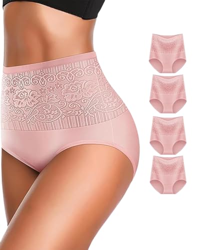 Image of Women's Lace Trim High Waisted Cotton Underwear Full Coverage Ladies Panties Tummy Control Briefs 4 Pack