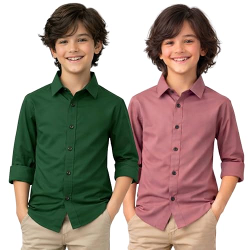 Image of YYQ Pack of 2 Boys Cotton Blend Shirts - Full Sleeve Casual, Soft & Comfortable Spread Collar Shirts
