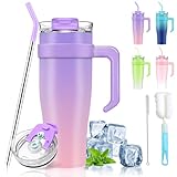 Tumbler With Lid and Straw, 40 Oz Tumbler with Handle Purple, 100% Leak Proof Tumbler Cup with 2 In 1 Lid, Stainless Steel Insulated Tumbler Keeps Drinks Cold For 24 Hours Or Hot For 12 Hours,Gift