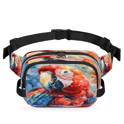 Watercolour Parrot Waterproof Fanny Pack for Women Men Adjustable Waist Bag with Double Zipper Pockets Lightweight Square Hip Pack for Running Travel Hiking Workout Cycling